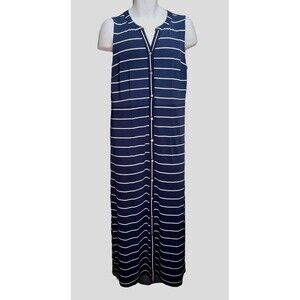 Talbots Slinky Dress Womens L Blue/White Stripe Sleeveless Button Front Stretch